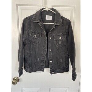 Zara Kids Black Denim Jacket Size 11/12 Distressed Look Cotton Button Closure